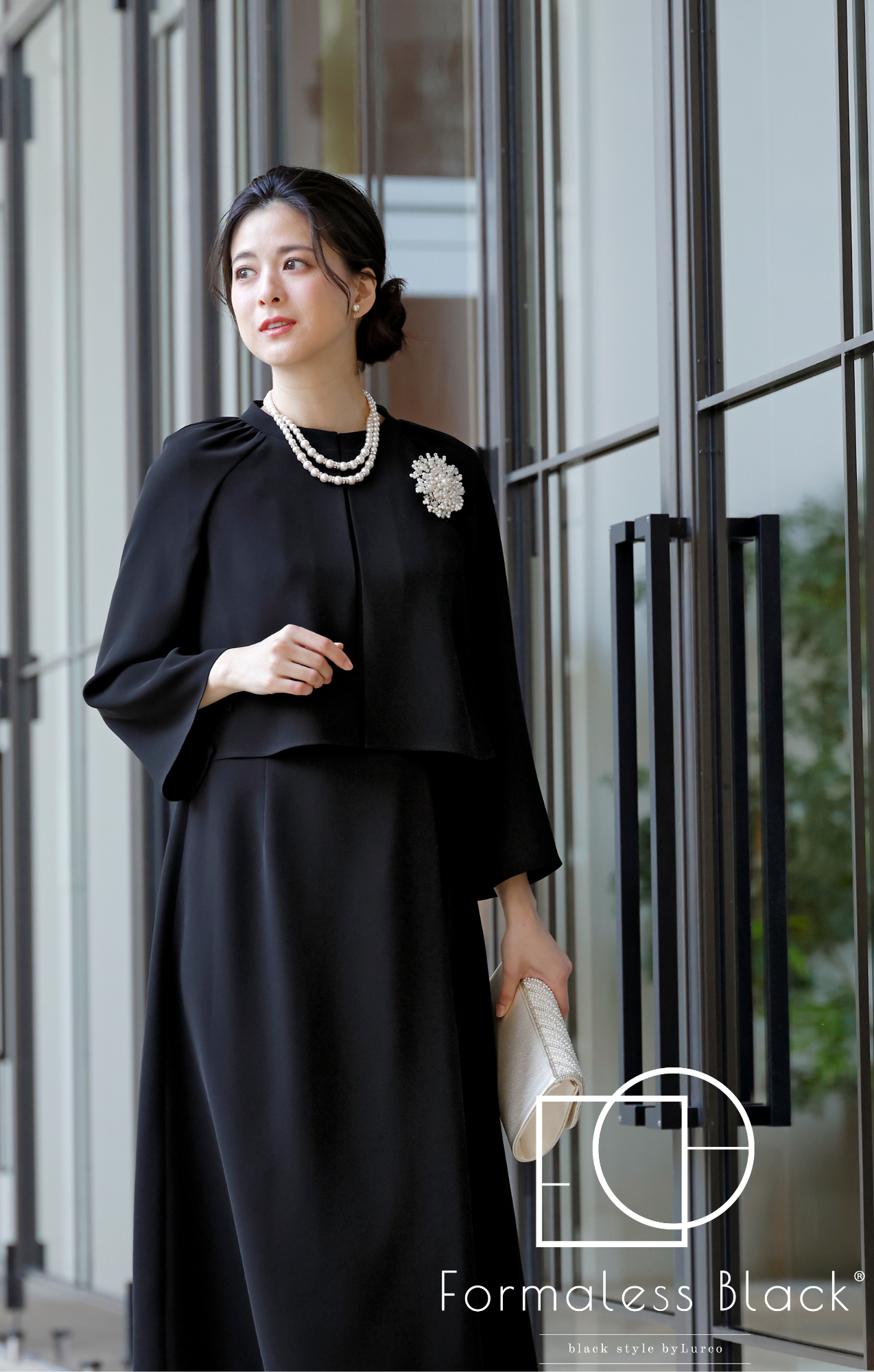 【Formaless Black®(フォーマレス ブラック®)】< 自宅で洗える>アシンメトリーワンピース ブラックフォーマル 洗える ミモレ丈 M･L<56-403005>
