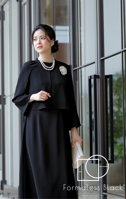 【Formaless Black®(フォーマレス ブラック®)】< 自宅で洗える>アシンメトリーワンピース ブラックフォーマル 洗える ミモレ丈 M･L<56-403005>