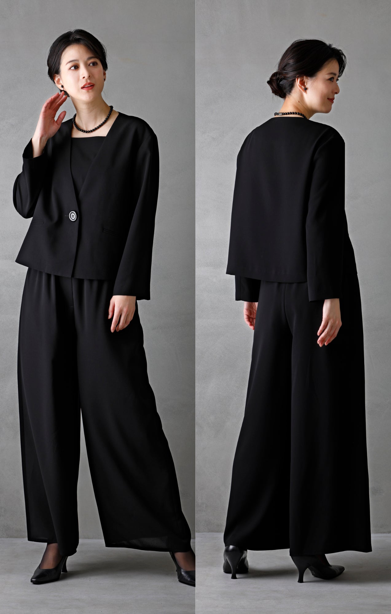 【New/自宅で洗える】夏用2Pパンツスーツ ブラックフォーマル 洗える 前開き 春秋対応 9-11号 /M-L <26-401002>