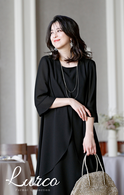 【New/自宅で洗える】夏用フリルワンピース ブラックフォーマル 洗える ロング丈 前開き 9-11号 /M-L <26-403001>