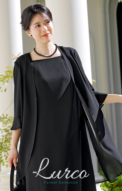 【New/自宅で洗える】夏用フリルワンピース ブラックフォーマル 洗える ロング丈 前開き 9-11号 /M-L <26-403001>