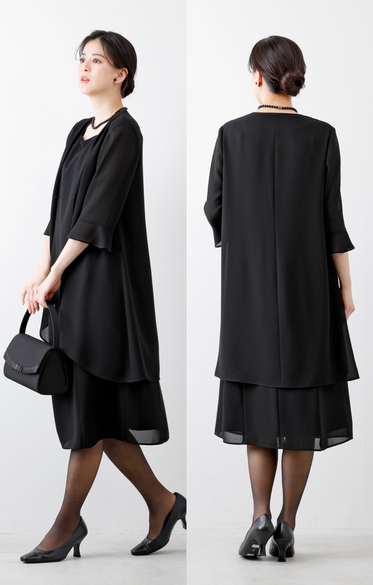 【New/自宅で洗える】夏用フリルワンピース ブラックフォーマル 洗える ロング丈 前開き 9-11号 /M-L <26-403001>