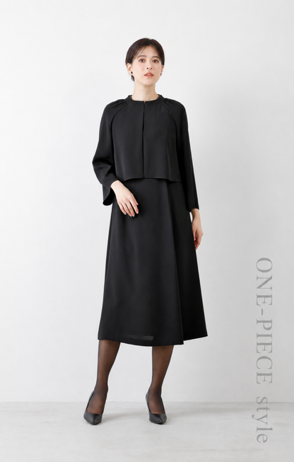 【Formaless Black®(フォーマレス ブラック®)】< 自宅で洗える>アシンメトリーワンピース ブラックフォーマル 洗える ミモレ丈 M･L<56-403005>
