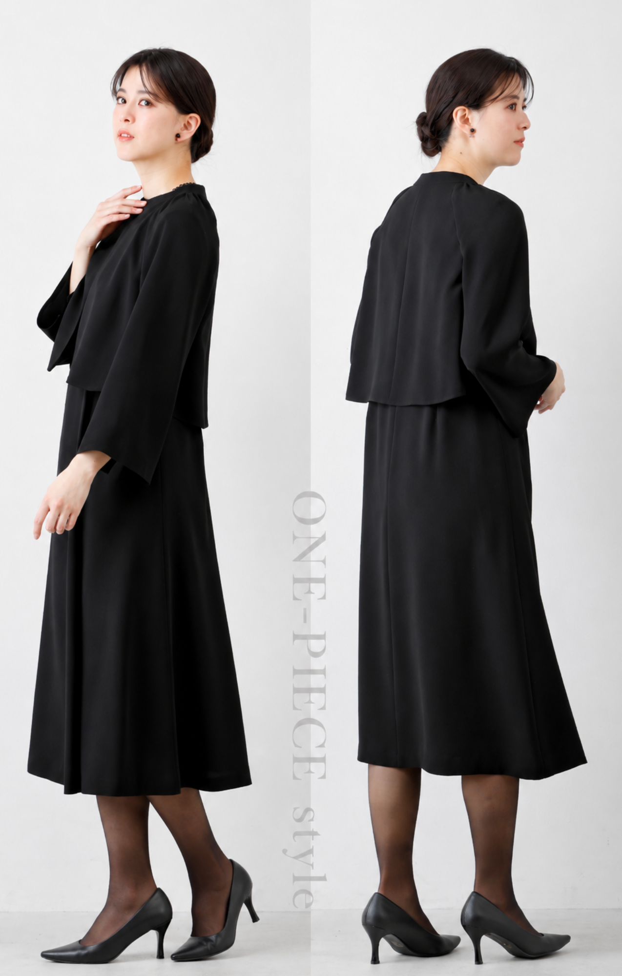 【Formaless Black®(フォーマレス ブラック®)】< 自宅で洗える>アシンメトリーワンピース ブラックフォーマル 洗える ミモレ丈 M･L<56-403005>