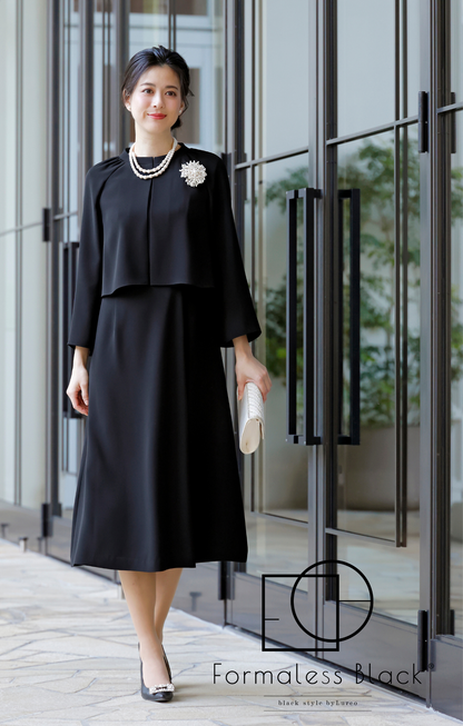 【Formaless Black®(フォーマレス ブラック®)】< 自宅で洗える>アシンメトリーワンピース ブラックフォーマル 洗える ミモレ丈 M･L<56-403005>