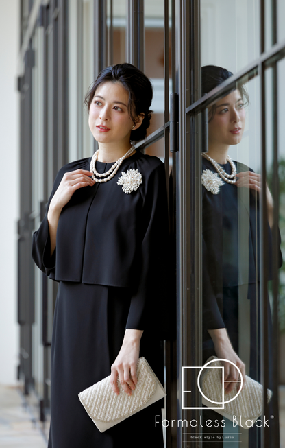 【Formaless Black®(フォーマレス ブラック®)】< 自宅で洗える>アシンメトリーワンピース ブラックフォーマル 洗える ミモレ丈 M･L<56-403005>