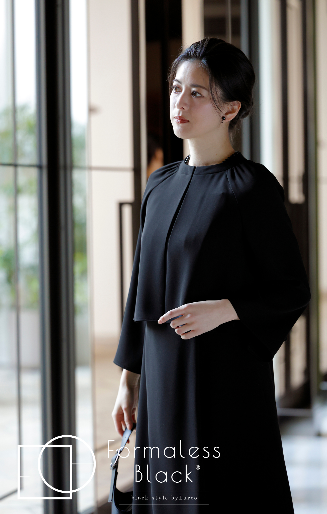 【Formaless Black®(フォーマレス ブラック®)】< 自宅で洗える>アシンメトリーワンピース ブラックフォーマル 洗える ミモレ丈 M･L<56-403005>