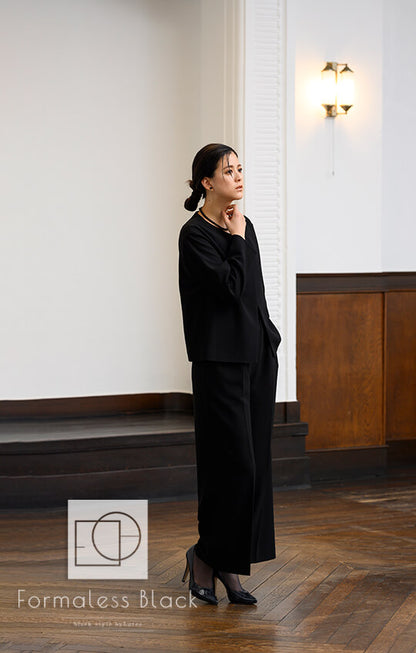 【Formaless Black®(フォーマレス ブラック®)】< 自宅で洗える/選べるデザイン>ノーカラーパンツスーツ ブラックフォーマル 洗える ワイドパンツorタイトスカート 9号/M <32-311006>