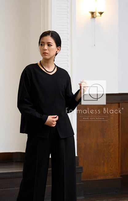 【Formaless Black®(フォーマレス ブラック®)】< 自宅で洗える/選べるデザイン>ノーカラーパンツスーツ ブラックフォーマル 洗える ワイドパンツorタイトスカート 9号/M <32-311006>