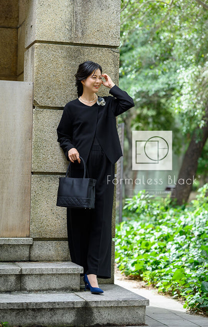 【Formaless Black®(フォーマレス ブラック®)】< 自宅で洗える/選べるデザイン>ノーカラーパンツスーツ ブラックフォーマル 洗える ワイドパンツorタイトスカート 9号/M <32-311006>