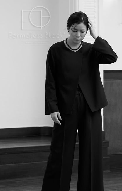 【Formaless Black®(フォーマレス ブラック®)】< 自宅で洗える/選べるデザイン>ノーカラーパンツスーツ ブラックフォーマル 洗える ワイドパンツorタイトスカート 9号/M <32-311006>