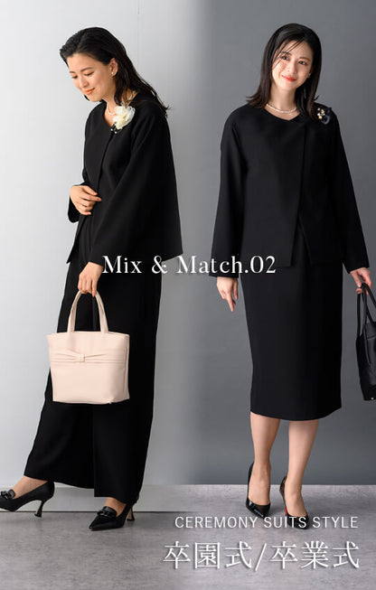 【Formaless Black®(フォーマレス ブラック®)】< 自宅で洗える/選べるデザイン>ノーカラーパンツスーツ ブラックフォーマル 洗える ワイドパンツorタイトスカート 9号/M <32-311006>