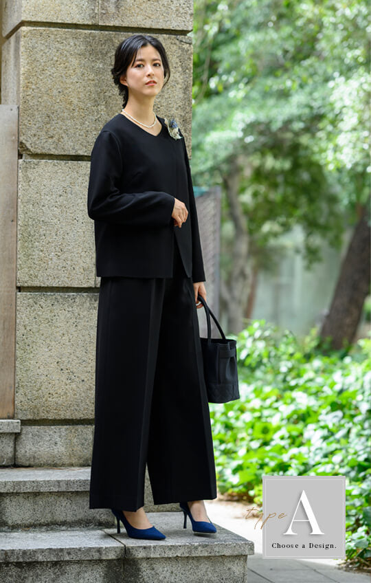 【Formaless Black®(フォーマレス ブラック®)】< 自宅で洗える/選べるデザイン>ノーカラーパンツスーツ ブラックフォーマル 洗える ワイドパンツorタイトスカート 9号/M <32-311006>