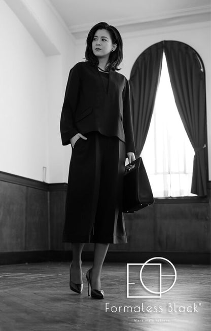 【Formaless Black®(フォーマレス ブラック®)】< 自宅で洗える/選べるデザイン> ノーカラーパンツスーツ ブラックフォーマル 洗える テーパードパンツorワイドパンツ 9･13号/M･LL <32-311007>