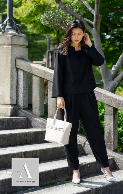 【Formaless Black®(フォーマレス ブラック®)】< 自宅で洗える/選べるデザイン> ノーカラーパンツスーツ ブラックフォーマル 洗える テーパードパンツorワイドパンツ 9･13号/M･LL <32-311007>