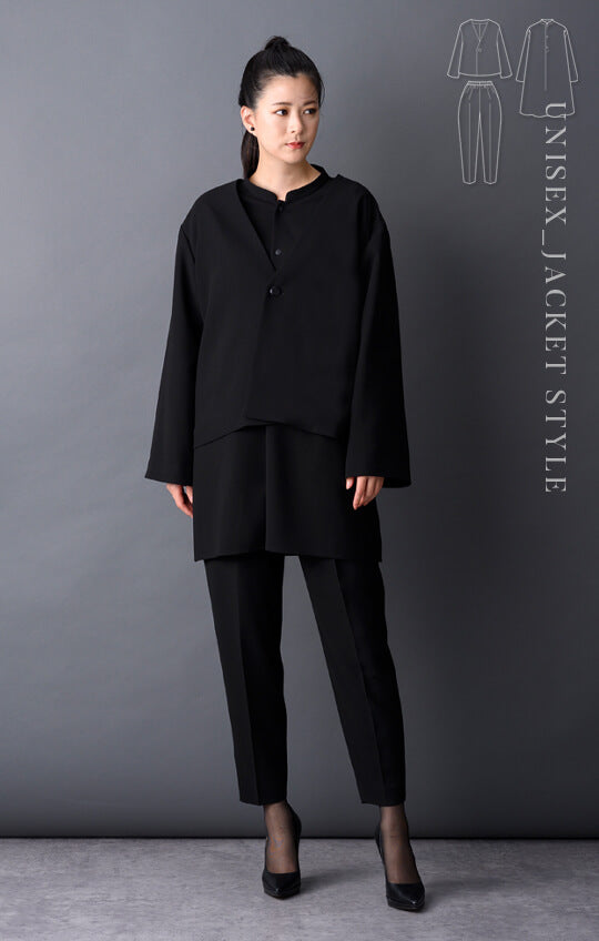 【Formaless Black®(フォーマレス ブラック®)】< 自宅で洗える> ノーカラーパンツスーツ ブラックフォーマル 洗える 3点セット ユニセックス U1･U2 <33-311018>
