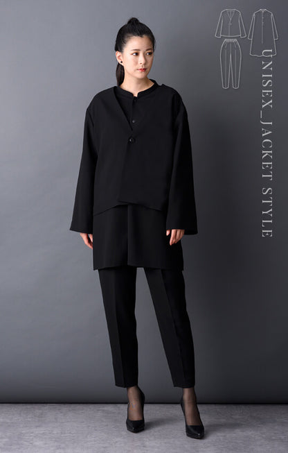 【Formaless Black®(フォーマレス ブラック®)】< 自宅で洗える> ノーカラーパンツスーツ ブラックフォーマル 洗える 3点セット ユニセックス U1･U2 <33-311018>