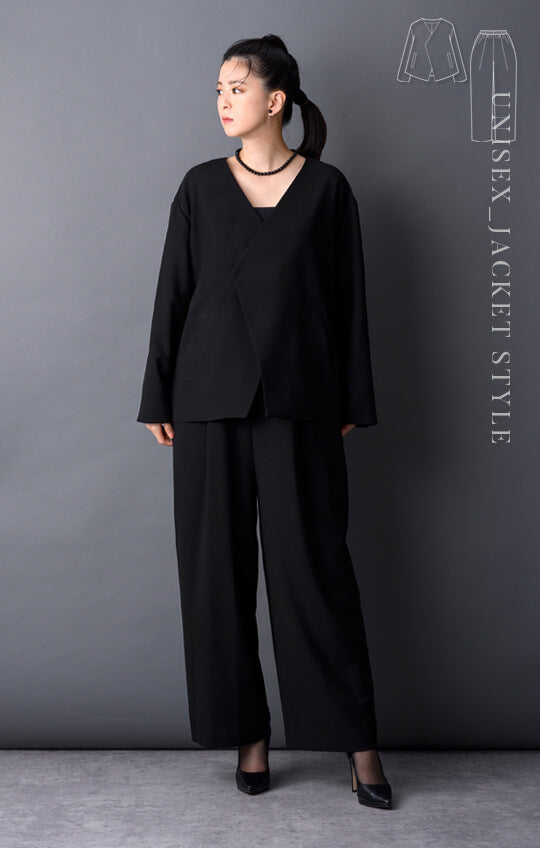 【Formaless Black®(フォーマレス ブラック®)】< 自宅で洗える> ノーカラーパンツスーツ ブラックフォーマル 洗える ユニセックス U1･U2 <33-311019>