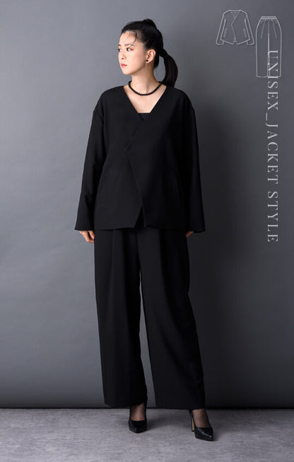 【Formaless Black®(フォーマレス ブラック®)】< 自宅で洗える> ノーカラーパンツスーツ ブラックフォーマル 洗える ユニセックス U1･U2 <33-311019>