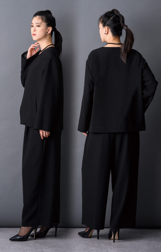 【Formaless Black®(フォーマレス ブラック®)】< 自宅で洗える> ノーカラーパンツスーツ ブラックフォーマル 洗える ユニセックス U1･U2 <33-311019>