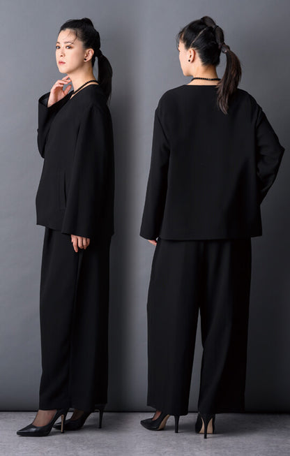 【Formaless Black®(フォーマレス ブラック®)】< 自宅で洗える> ノーカラーパンツスーツ ブラックフォーマル 洗える ユニセックス U1･U2 <33-311019>